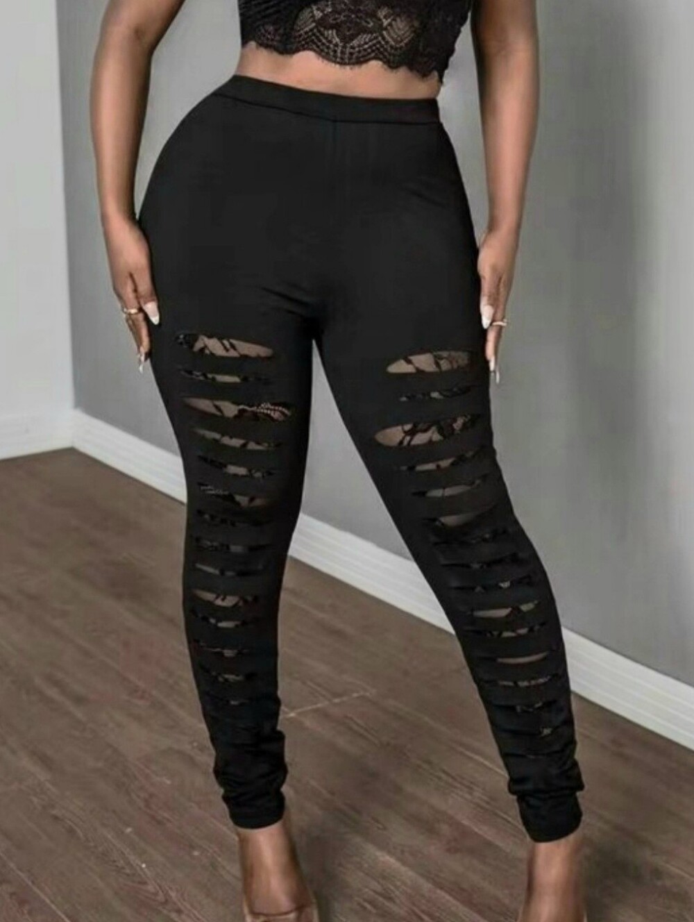 SHEIN Black Distressed High-Waist Leggings With Black Lace Underneath